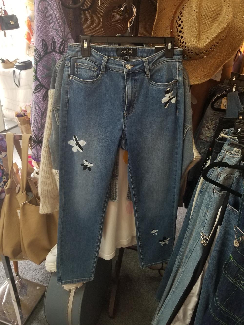 Joseph Ribkoff Blue Denim Ankle Jeans with Flower Designs